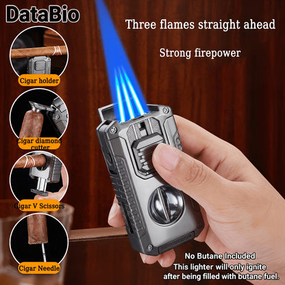 (No Butane)Windproof Tri-jet Flame Butane Lighter, Metal Multifunctional 5-in-1 Lighter, Cigar Portable Lighter, Adjustable Flame, Refillable, with Transparent Visual Gas Chamber, Suitable for Barbecue, Candles, Outdoor, Camping, Christmas Gift