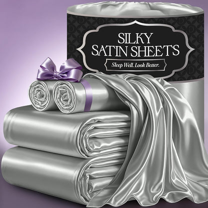 4pcs Satin Cooling Sheet Set - Cooling, Silky, Lightweight & Breathable Microfiber - Deep Pocket Fitted Sheet + Flat Sheet & 2 Pillowcases - Summer Satin Bed Sheets