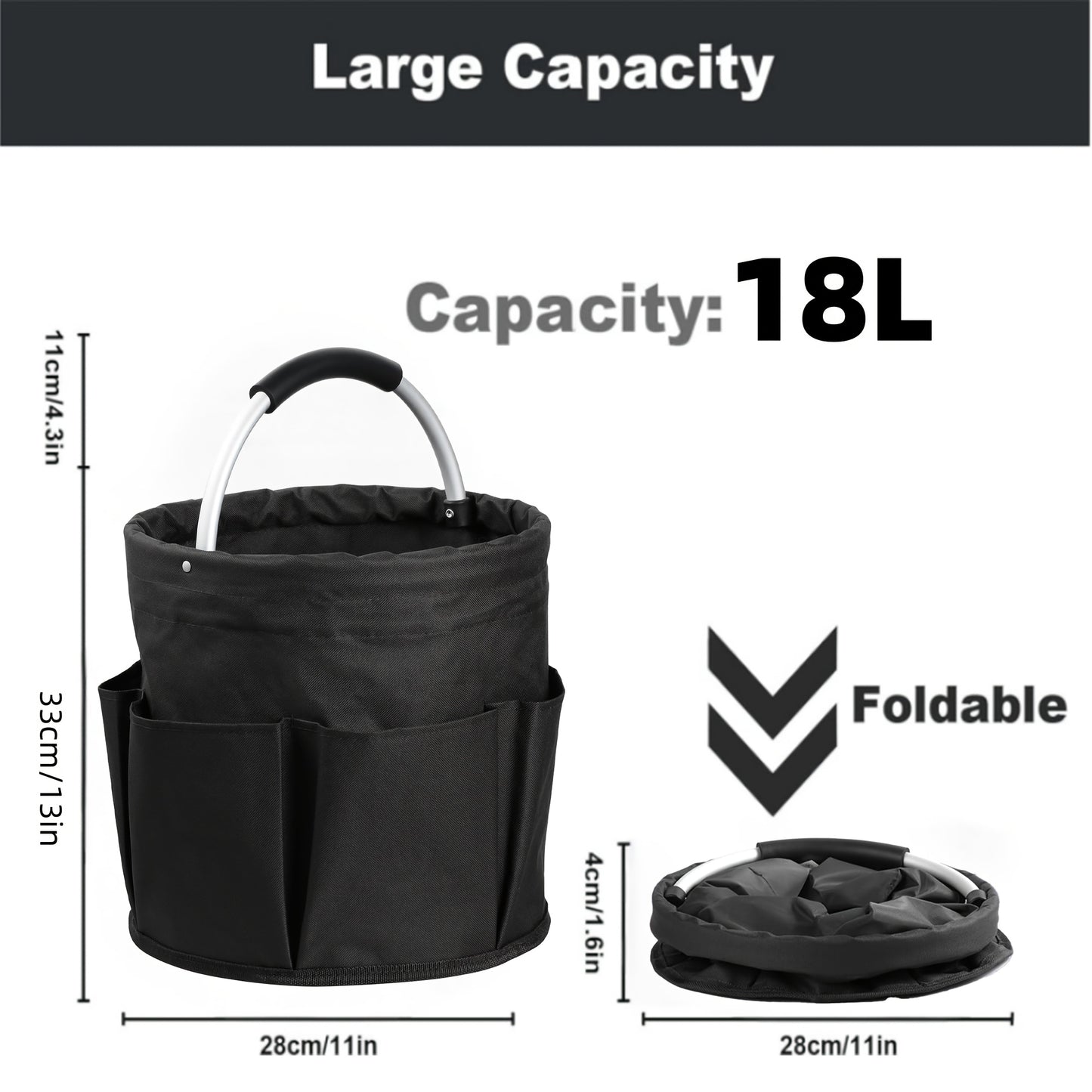 Foldable 4.49gal Cleaning Caddy Organizer with Handle - Portable Storage Basket for Cleaning Supplies, Toiletries & Garden Tools | Multi-Purpose Collapsible Bucket Bag for Home, Travel & Outdoor Use (Black), Shelf Baskets