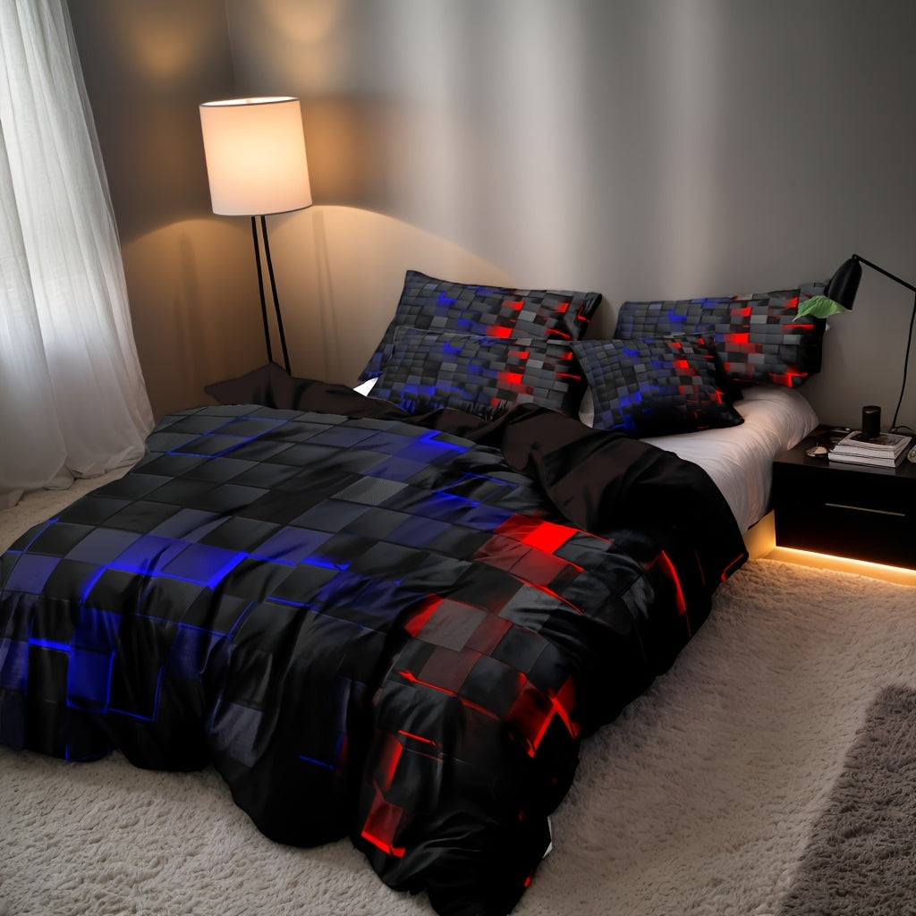 3D Geometric Cube Design Quilt Cover Set | 3-Piece Polyester Bedding | Black & Blue Grid Print | All-Season Soft Cover | 1 Duvet Cover + 2 Pillowcases | Machine Washable