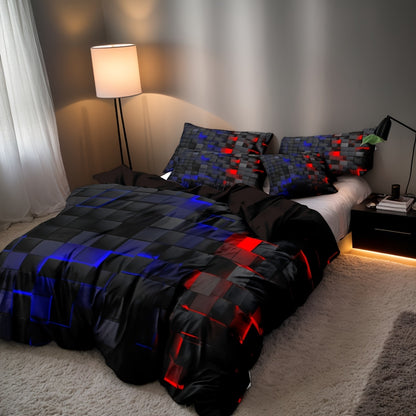 3D Geometric Cube Design Quilt Cover Set | 3-Piece Polyester Bedding | Black & Blue Grid Print | All-Season Soft Cover | 1 Duvet Cover + 2 Pillowcases | Machine Washable
