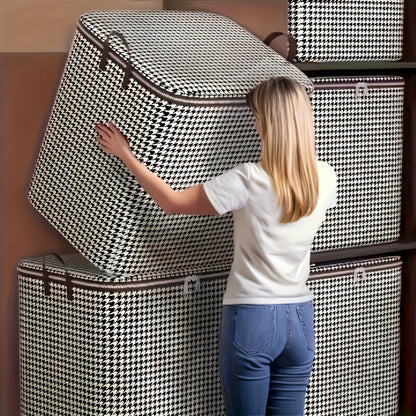 4pcs Large Storage Box Set- Black and White Checkered Pattern with Thickened Inner Lining and Double Zipper Design, Stackable with Lid and Carry Handle, Convenient for Moving, and Home Organization- Suitable for Seasonal Storage of Clothes, Under-Bed