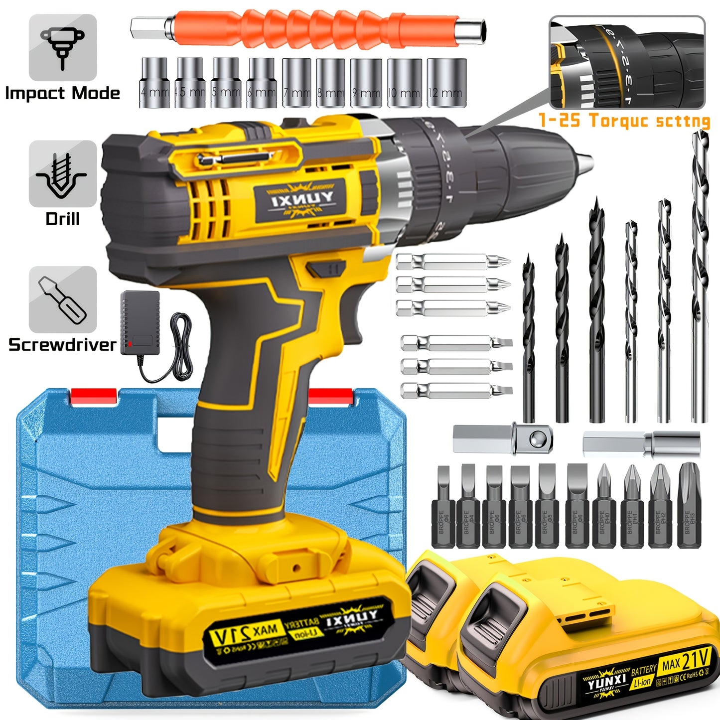 21V Cordless Impact Drill Set, Wireless Drill Set, Household Power Tool Set, with Battery And Quick Charger, Battery Powered, Multifunctional Tool, Tool Set, Men's Tool - Perfect for DIY And Family Projects, A Gift for Boyfriends And Fathers.