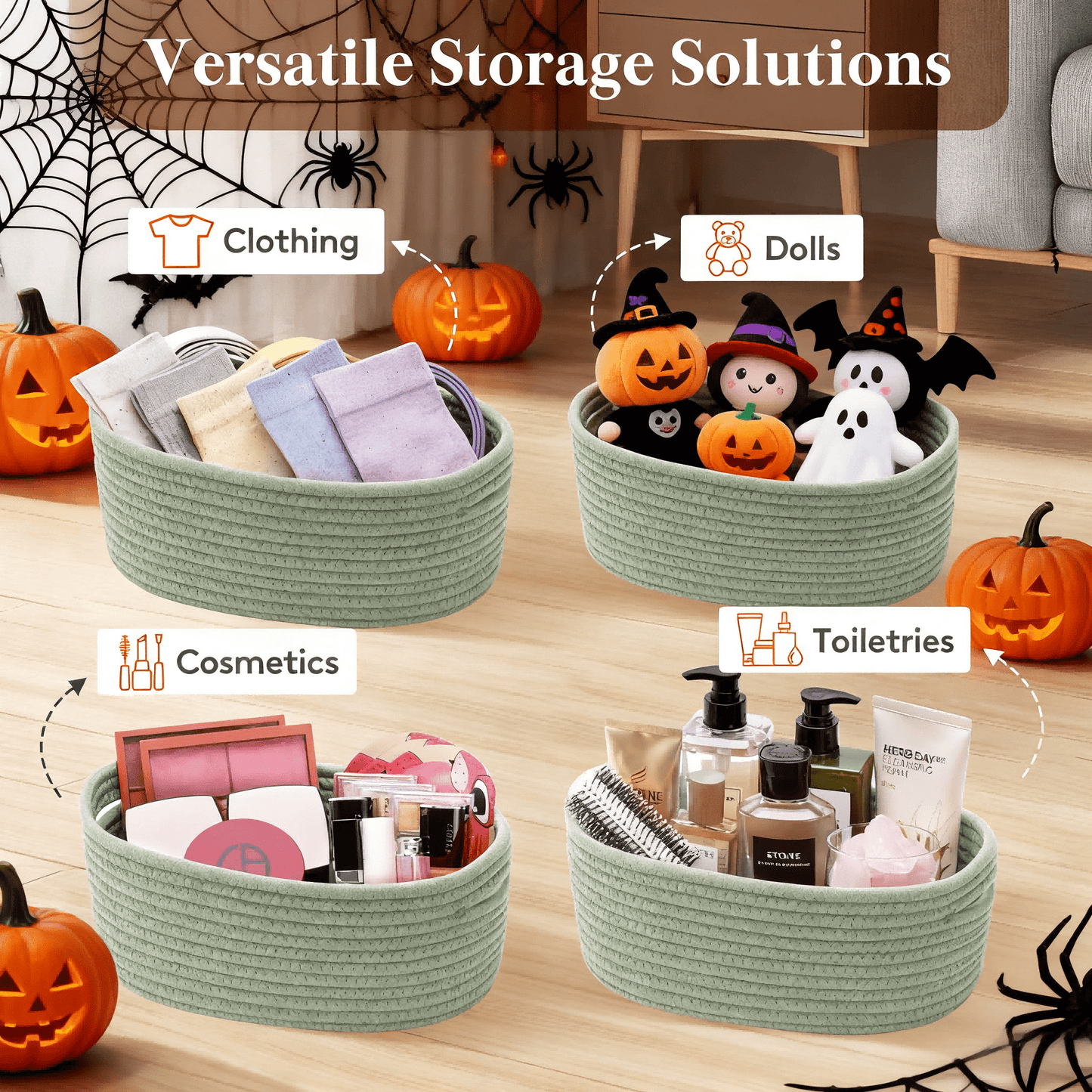 Woven Storage Baskets 6-Pack Cotton Rope Cube Bins 11x7x5" | Handmade Small Shelf Baskets for Organizing Closet Bedroom Living Room Playroom | Round Decorative Storage Caddy Multiple Colors