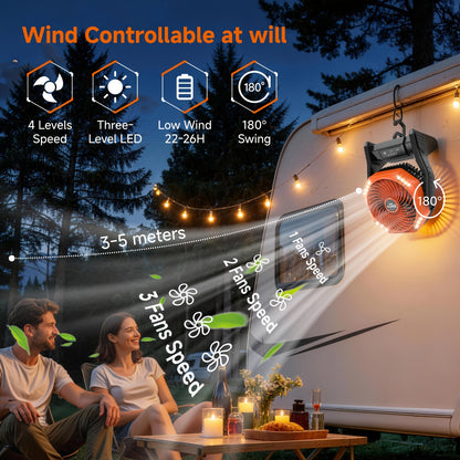 20000mAh Camping Fan with LED Light, 4 Speeds Brushless Motor, 180° Oscillating Portable Outdoor Fan, 22-26H Long Runtime, Table Fan for Camping, Hiking, Picnic, Emergency