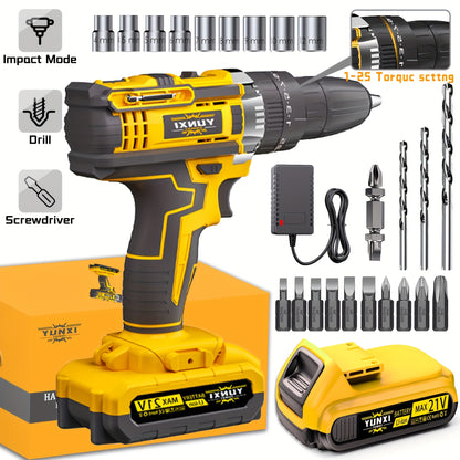 21V Cordless Impact Drill Set, Wireless Drill Set, Household Power Tool Set, with Battery And Quick Charger, Battery Powered, Multifunctional Tool, Tool Set, Men's Tool - Perfect for DIY And Family Projects, A Gift for Boyfriends And Fathers.