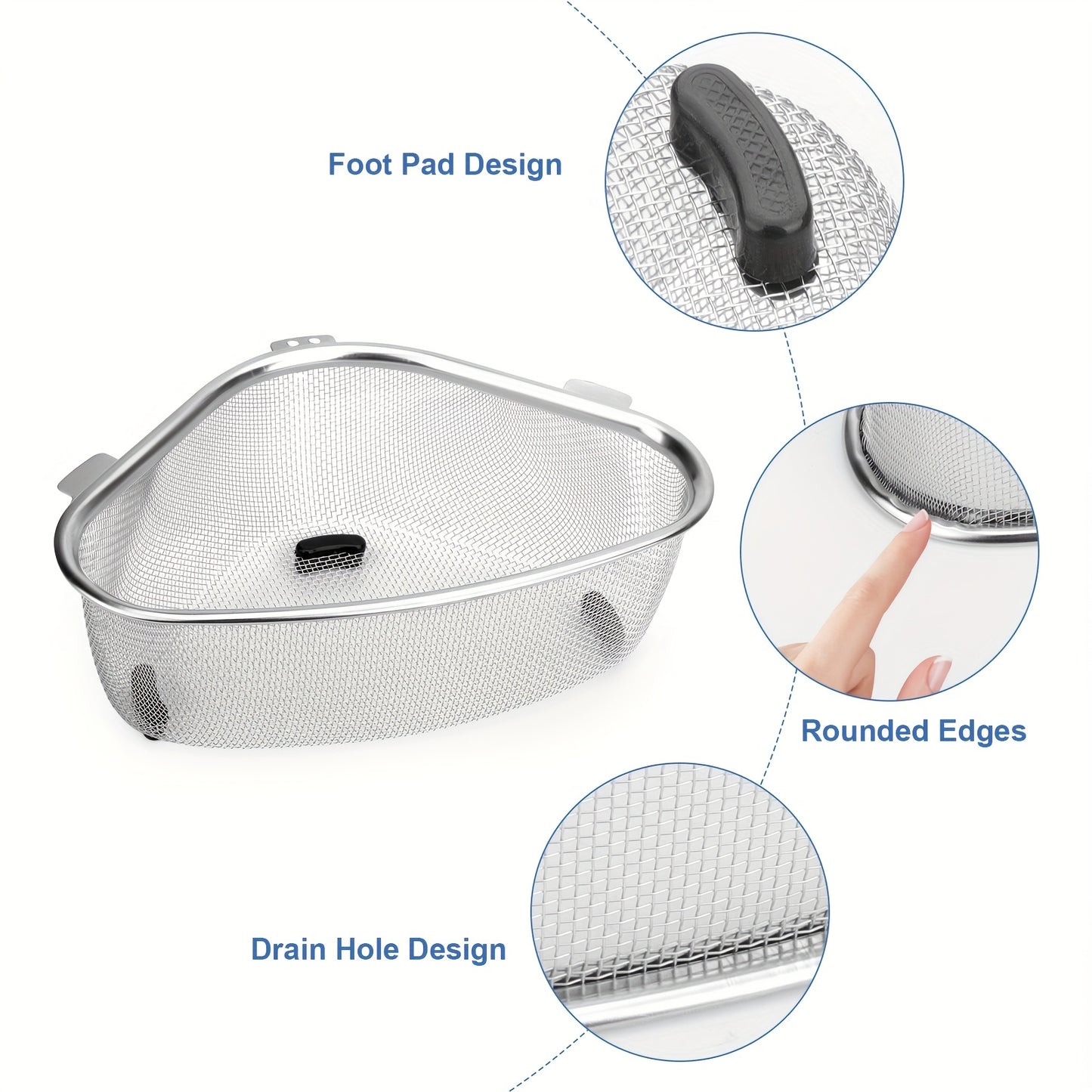 304 Stainless Steel Sink Strainer Basket - Leak-Proof Dual-Use Stand & Hang Design, Space-Saving Triangular Mesh Filter for Clog Prevention - Kitchen & RV Drain Basket for Food Waste & Produce, Sink Strainer Drain Basket