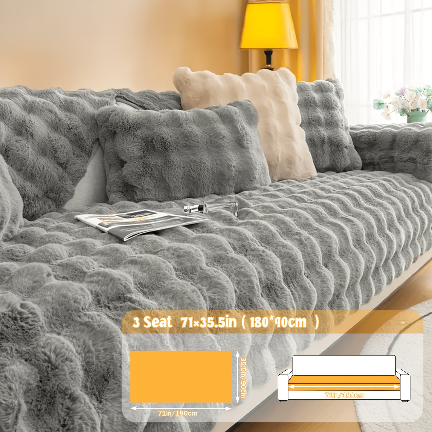 Bubble Soft Faux Rabbit Sofa Cover - Non-Slip 3/4 Seat Stretchable Slipcover Durable Furniture Protector Breathable Sofa Cover for Living Room, Bed, Dorm (Beige/Dark Grey/Khaki, 35.5X71/83Inch) - Comfortable Home Decoration, Warm And Easy to Clean