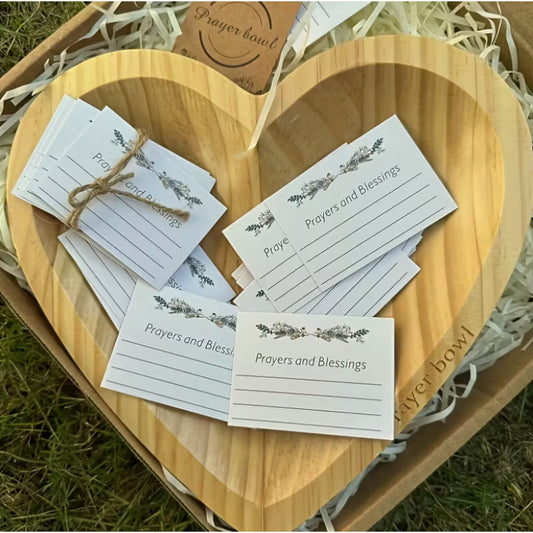 Wooden Prayer Bowl with 24 Prayer Cards – Hand-Carved Heart Shaped Cross Engraved Vintage Religious Gift Set for Easter, Christmas, Thanksgiving, Home Altar & Prayer Room Tabletop Decor