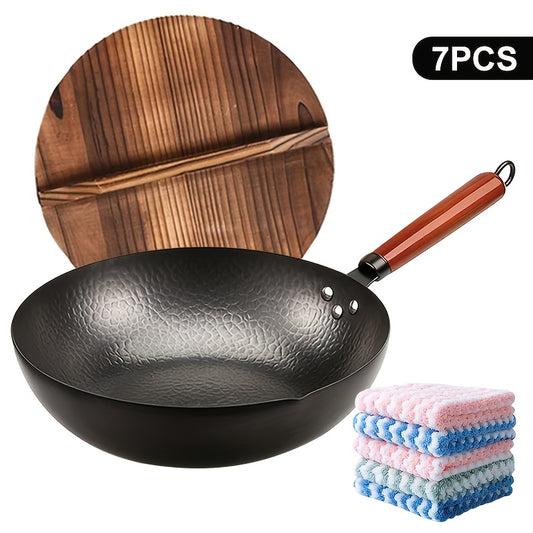 Carbon Steel Wok Set with Lid & Accessories – 14-Piece Non-Stick Stir Fry Pan 12.6" for Gas Electric Induction All Stoves | Wok Pan with Spatula Brush Ring Utensils Kitchen Cooking Set