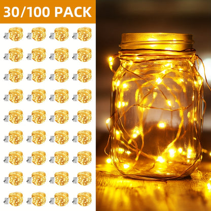 30/100pcs Fairy Lights Battery Operated (Included), 6.5ft 20 LED Mini String Lights, Silver Wire Firefly Starry Lights for DIY Wedding Christmas Party Mason Jars Decor, Warm Whit