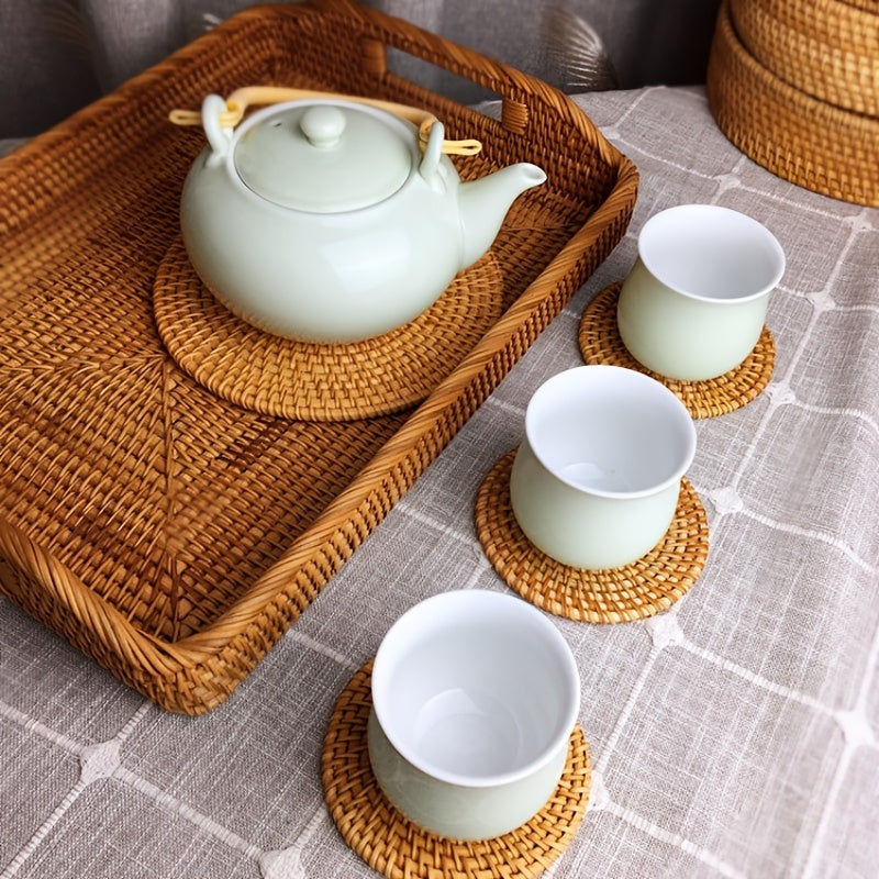 6pcs Set Handcrafted Rattan Woven Coasters, Heat-Resistant, Non-Slip Drink Mats for Kitchen & Dining Room Decor, Tabletop Protection(Excluding Coaster Baskets), Christmas Gifts