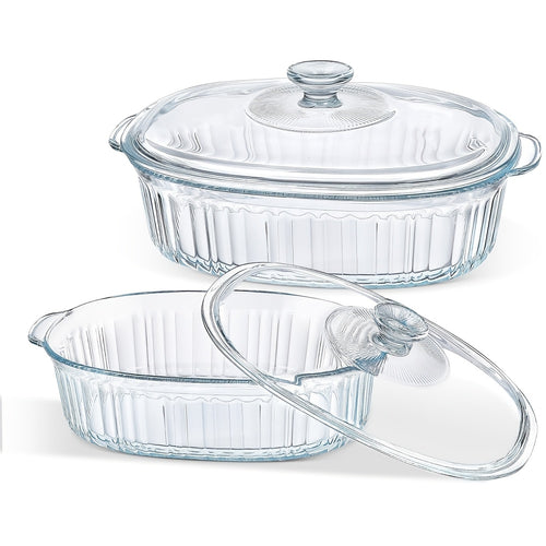 Elegant Glass Casseroles with Lids Set, Ribbed Oval Roaster, Transparent Covered Cookware, Versatile Deep Glass Food Containers, 50oz & 85oz, for Baking, Cooking, Oven & Microwave Safe, with Ideal for Desserts, Chicken, Pasta, for Holidays