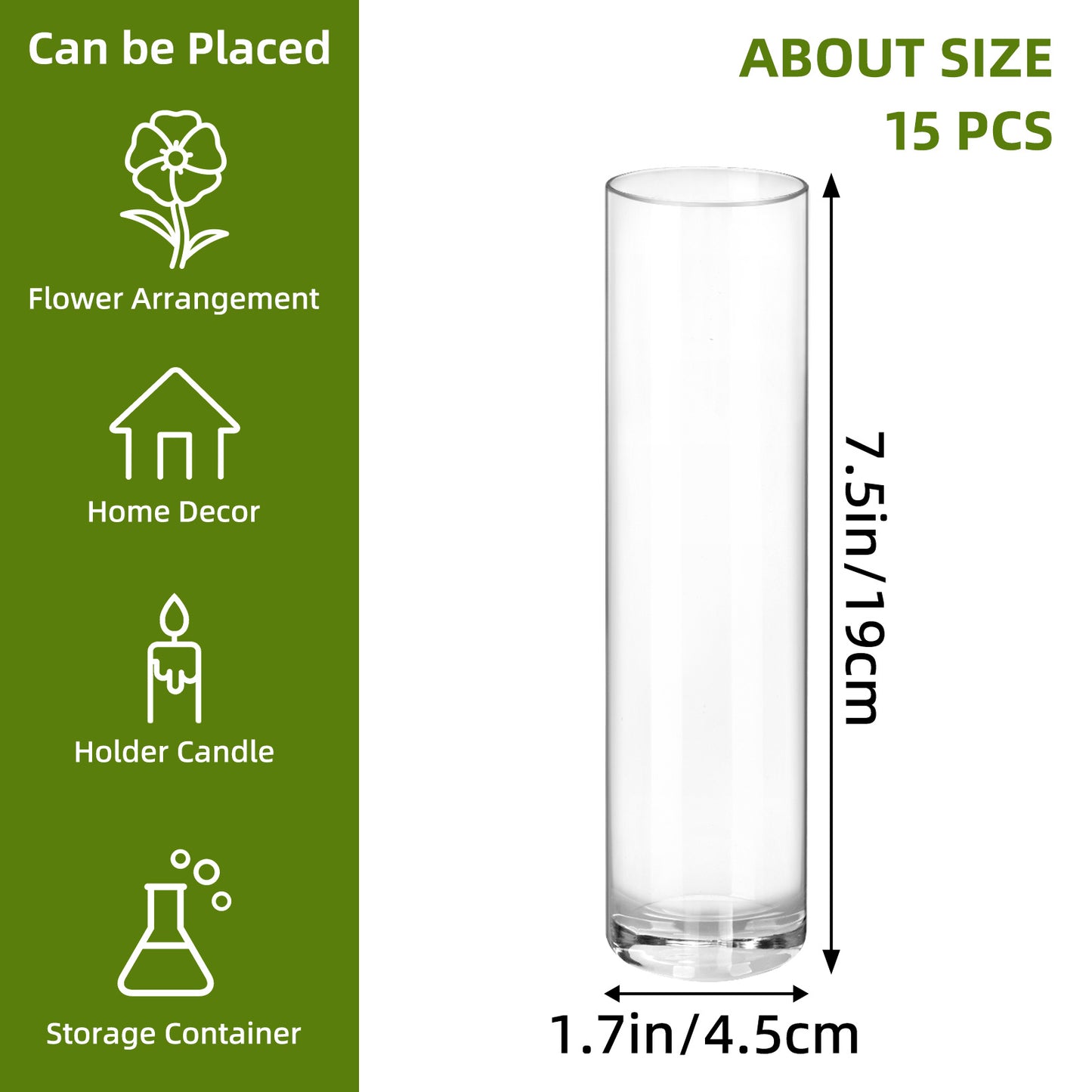 WHONLINE 15 Pcs Clear Glass Cylinder Vases, 7.5 Inch Tall, Glass Flower Vase Centerpieces, Glass Flower Vase, Hurricane Floating Candle Holder Vase for Table Shelf, Party, Wedding, Home Decor, Collectible Buildings & Accessories