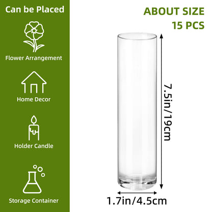 WHONLINE 15 Pcs Clear Glass Cylinder Vases, 7.5 Inch Tall, Glass Flower Vase Centerpieces, Glass Flower Vase, Hurricane Floating Candle Holder Vase for Table Shelf, Party, Wedding, Home Decor, Collectible Buildings & Accessories