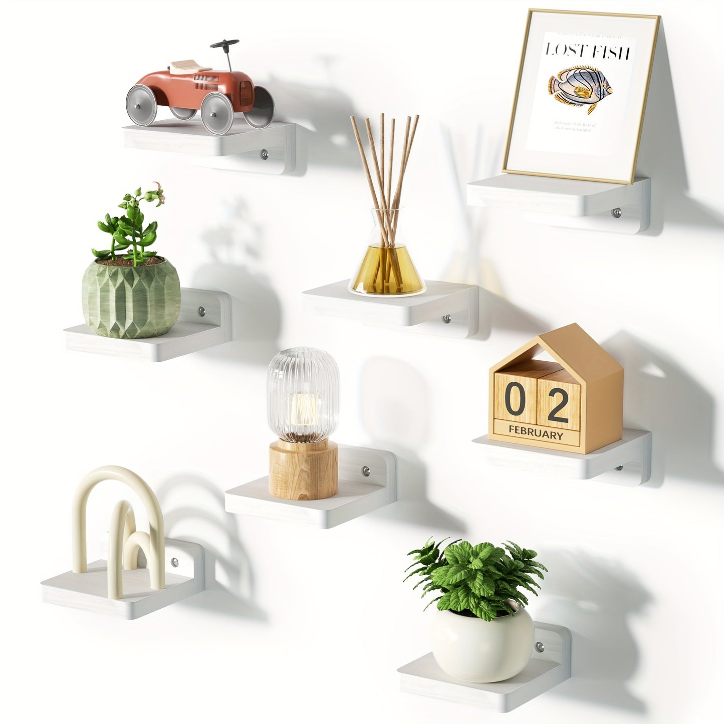Set of 8 Small Wall-Mounted Wooden Shelves, Each 4 Inches, Ideal for Decoration And Storage, Perfect for Use in Bedrooms, Bathrooms, Kitchens, And Offices (White), Floating Shelves