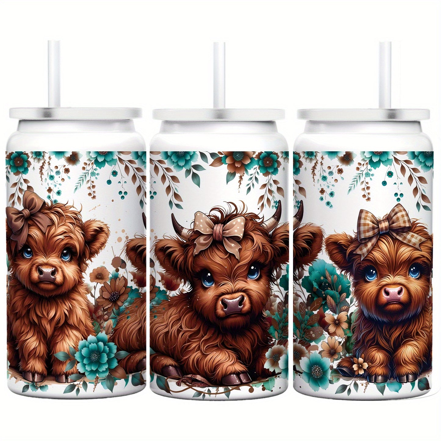 1 40 Oz Double Wall Stainless Steel Vacuum Insulated Mug, Three Highland Cows Surrounded By Teal Blooms And Lush Green Leaves, Unmatched Heat Retention, Durable And Portable, 24 Hours Cold, 12 Hours Hot, Fathers Day Gift