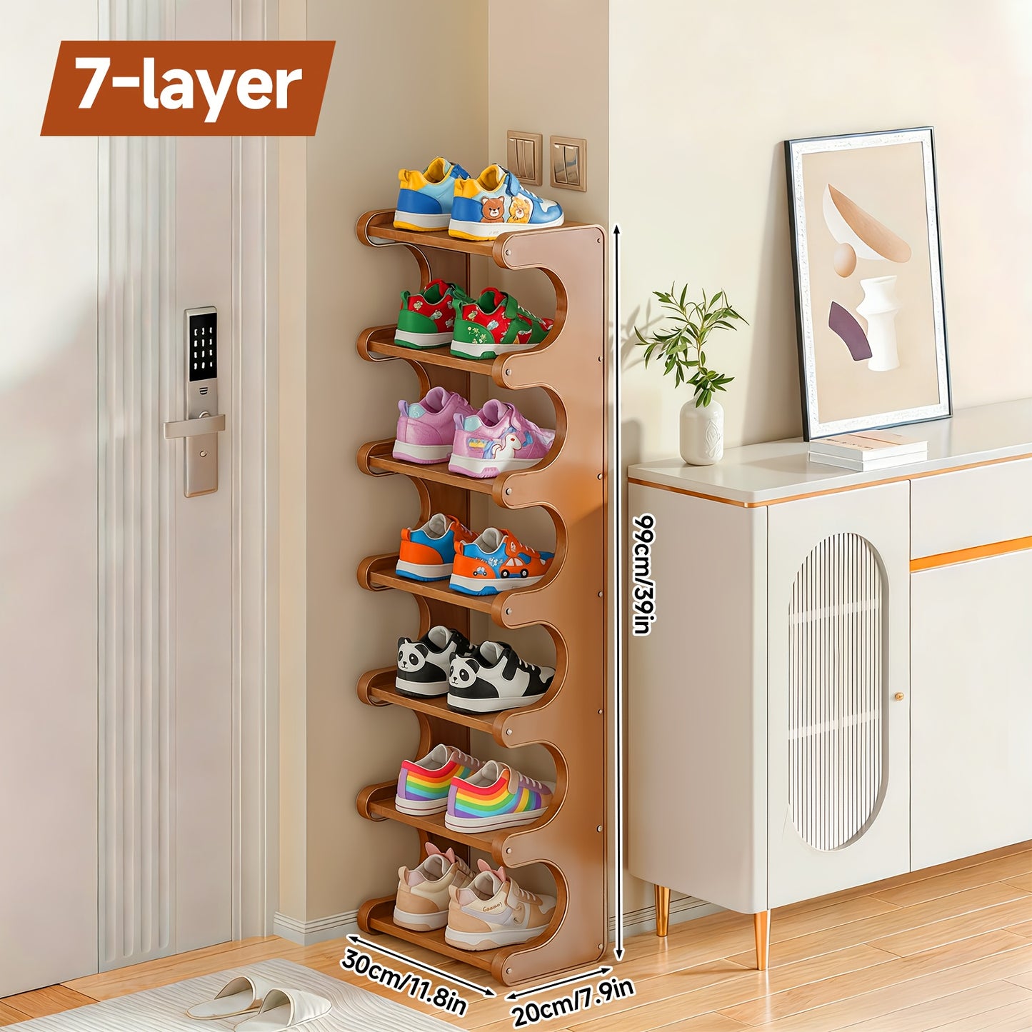 7-Layer Shoe Storage Organizer, Bamboo Shoe Racks, Space Saving Narrow Design, Natural Bamboo Construction & Easy to Assemble, Large Capacity, Freestanding Bamboo Shoe Cabinet for Dormitories, Entrances, Apartments, Upgraded Packaging, Shatterproof