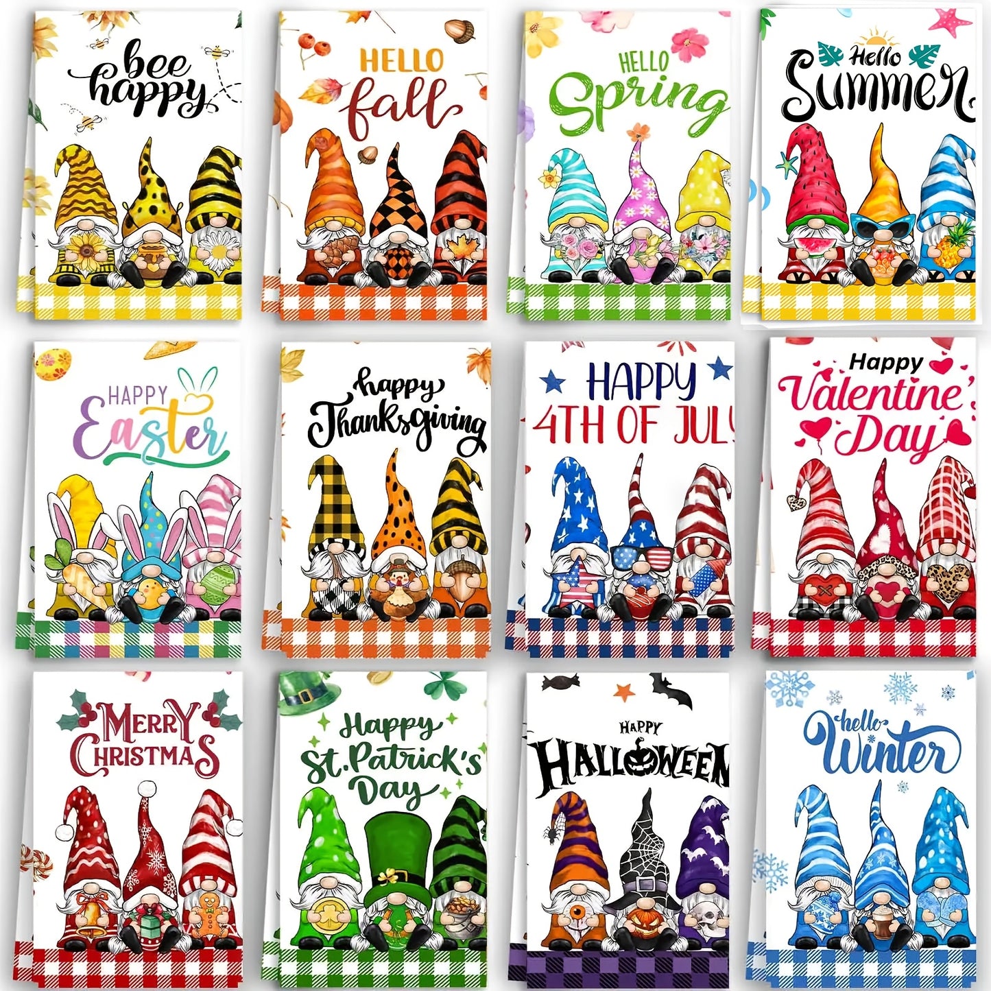 12pcs Seasonal Kitchen Towels Set for All Holidays Three Gnomes Dish Towels Winter Christmas Hand Towels Drying Tea Towels Cute Absorbent Dishcloths Decorative Wash Cloths