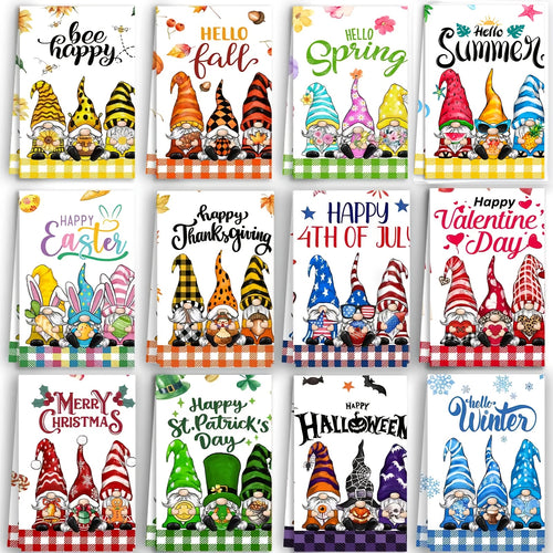 12pcs Seasonal Kitchen Towels Set for All Holidays Three Gnomes Dish Towels Winter Christmas Hand Towels Drying Tea Towels Cute Absorbent Dishcloths Decorative Wash Cloths