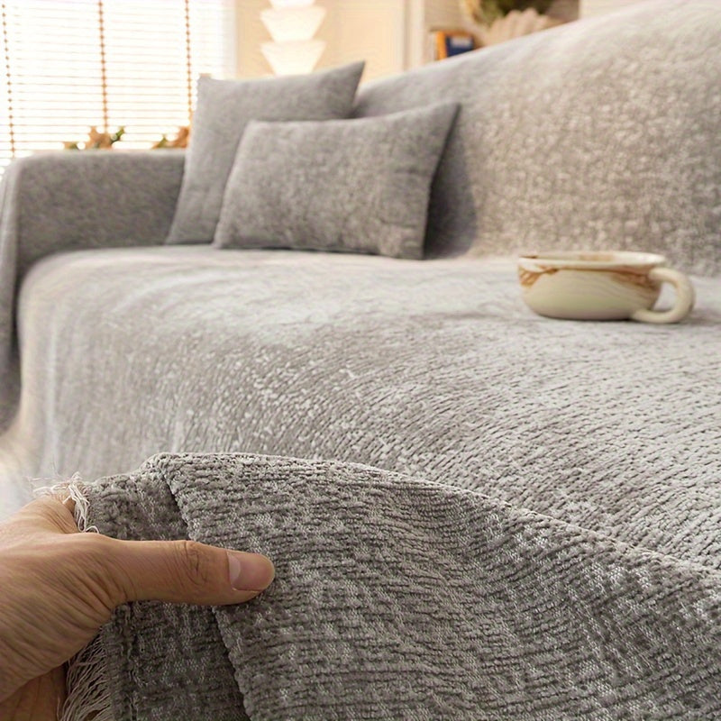 Super Soft Chenille Couch Protector - Durable, Pet-Friendly Solid Slipcover with Fringes for Living Room Decoration