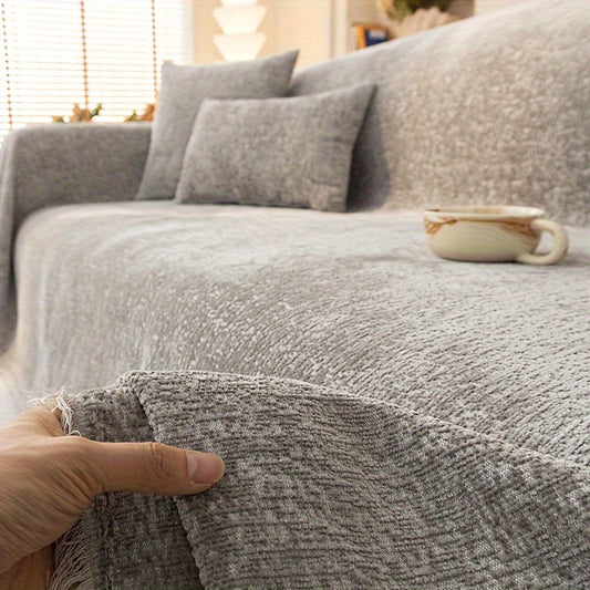 Chenille Sofa Cover with Fringe 300GSM - Super Soft Pet Friendly Solid Couch Slipcover for Single 2 4 Seater Living Room Decoration, 4 Colors