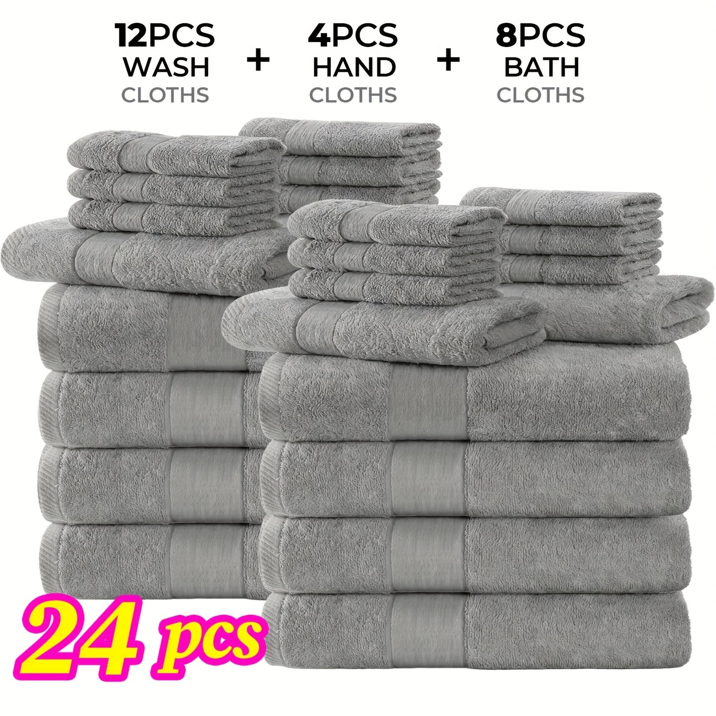 Luxury 12/24pcs Bath Cloths Set, Hotel Quality Thick Bath Cloths | Highly Absorbent & Quick-Dry | 4 Bath Cloths & 6 Hand & 2 Washcloths, Cotton For Hotel Spa Gym & Home Bathroom Essentials, Wash Cloths
