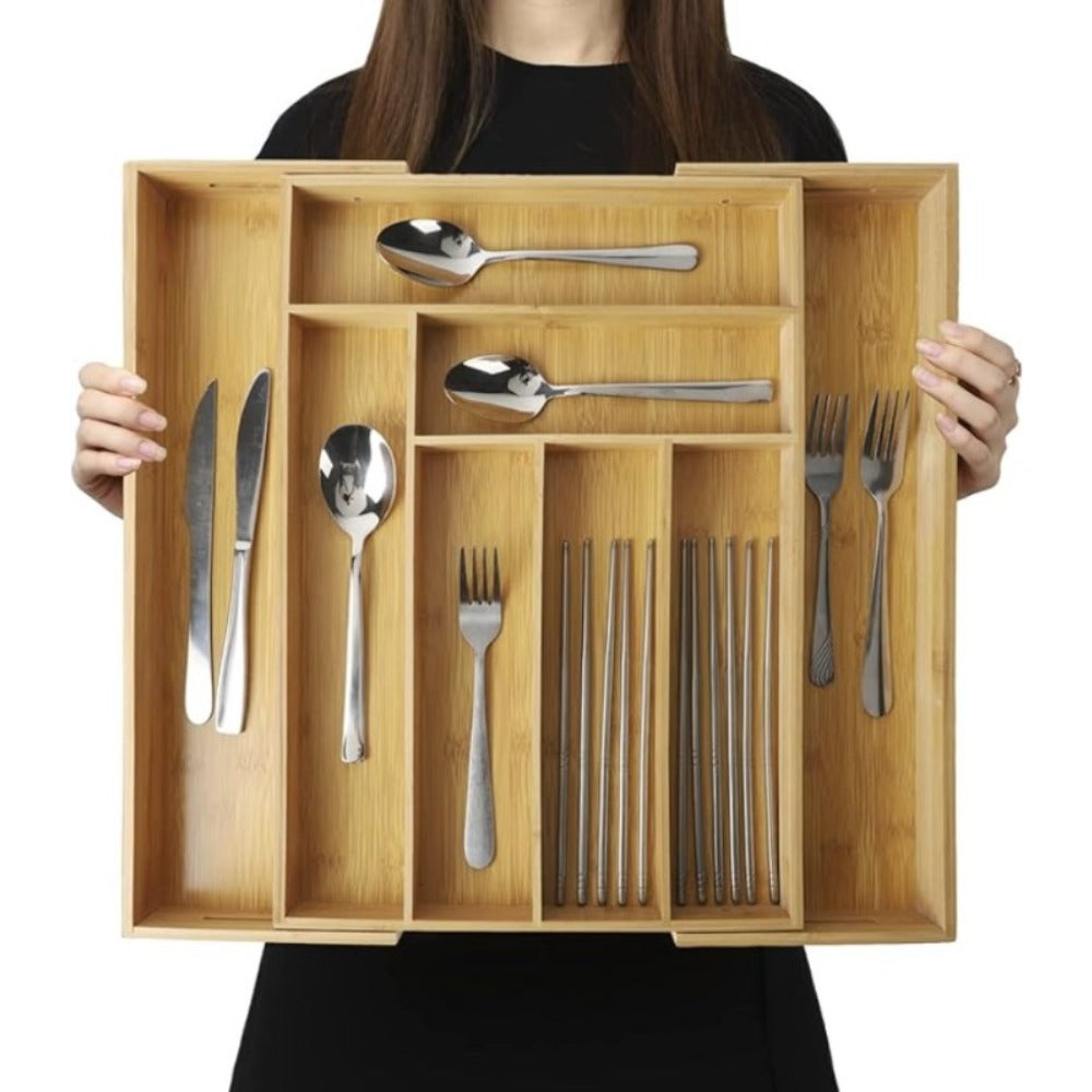 Bamboo Drawer Organizer Expandable - Adjustable Silverware Tray, Cutlery And Utensil Holder for Kitchen Drawer, Multi-Use Storage Tray for Office, Home