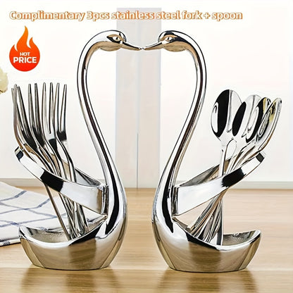 7pcs Elegant Swan-Shaped Stainless Steel Cutlery Rack (1 Swan And Zinc Alloy 3 Forks And 3 Spoons) Elegant Swan-Shaped Stainless Steel Cutlery Rack with Free Fork And Spoon Set - Small And Exquisite, Suitable for Halloween, Christmas Events
