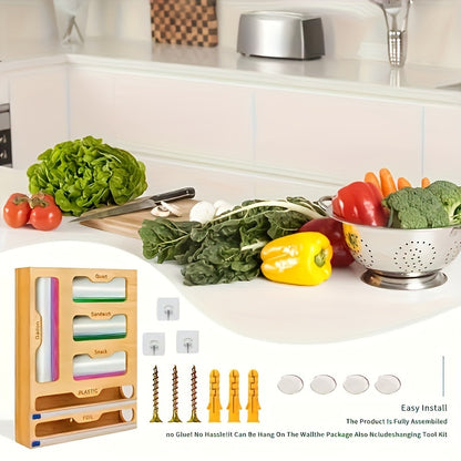 1pc Bamboo Sealer Bag Organizer Box - Fresh-Keeping, Space-Saving, Adjustable Storage For Kitchen Drawer - Compatible With Gallon, Quart, Sandwich, Snack Variety Size Bags, Easy To Clean, Durable, Kitchen Accessories
