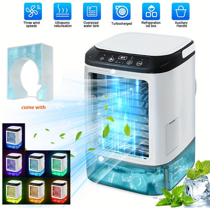 Portable Air Conditioner Humidifier/ Ambient Light Fan USB Cooler, Soundwave Technology Atomization | Large Ice Box | 3-speed Wind Speed | Rainbow Lights | Auxiliary Handle | Light Noise Reduction - Perfect Holiday/ Birthday/ Christmas Gift