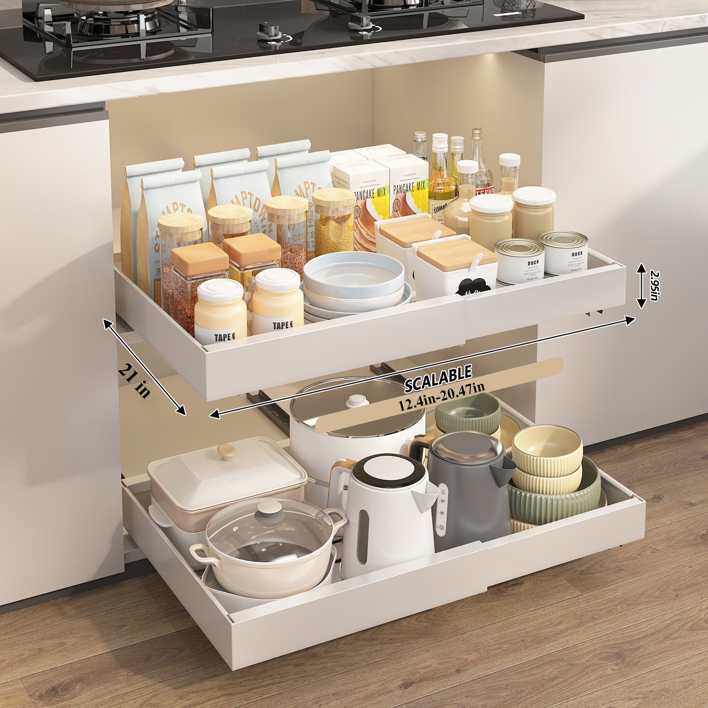 1pc or 2pcs Heavy-Duty Adjustable Pull-Out Cabinet Organizer - Under Sink/Countertop Storage, Expandable Drawer Organizer (12.59-20.47 Inches), Space-Saving Kitchen Organizer for Pots, Pans, Spices, Utensils - Easy Assembly, Powder-Coated Finish - Ideal f