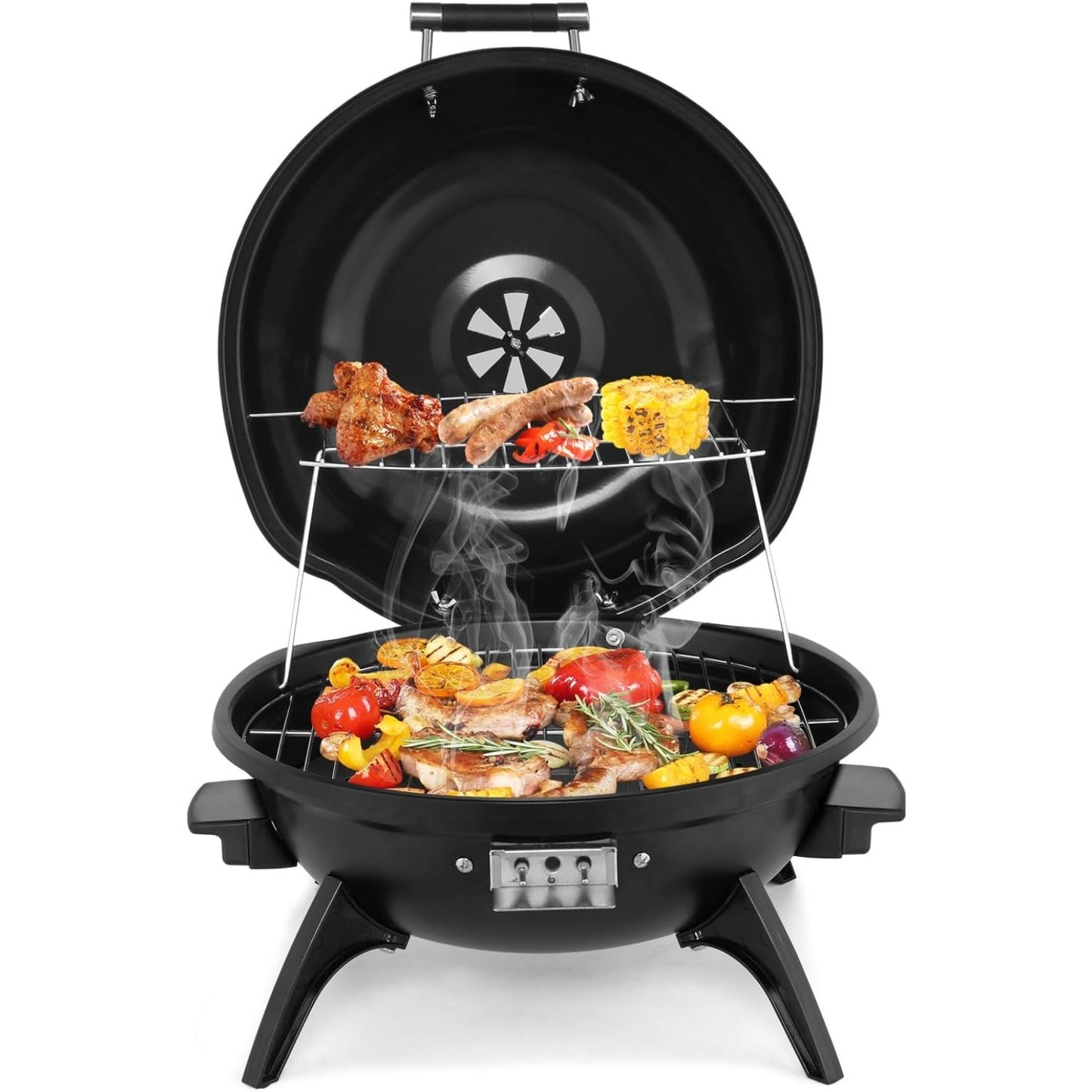 Smokeless Electric Indoor Grill with 1.12 SQ Ft Griddle & Warming Rack, Adjustable Temp 200-425°F, Vertical Design & Pull-Out Drip Pan for Steak, BBQ, Panini, Camping - Easy Clean 304 Stainless Steel