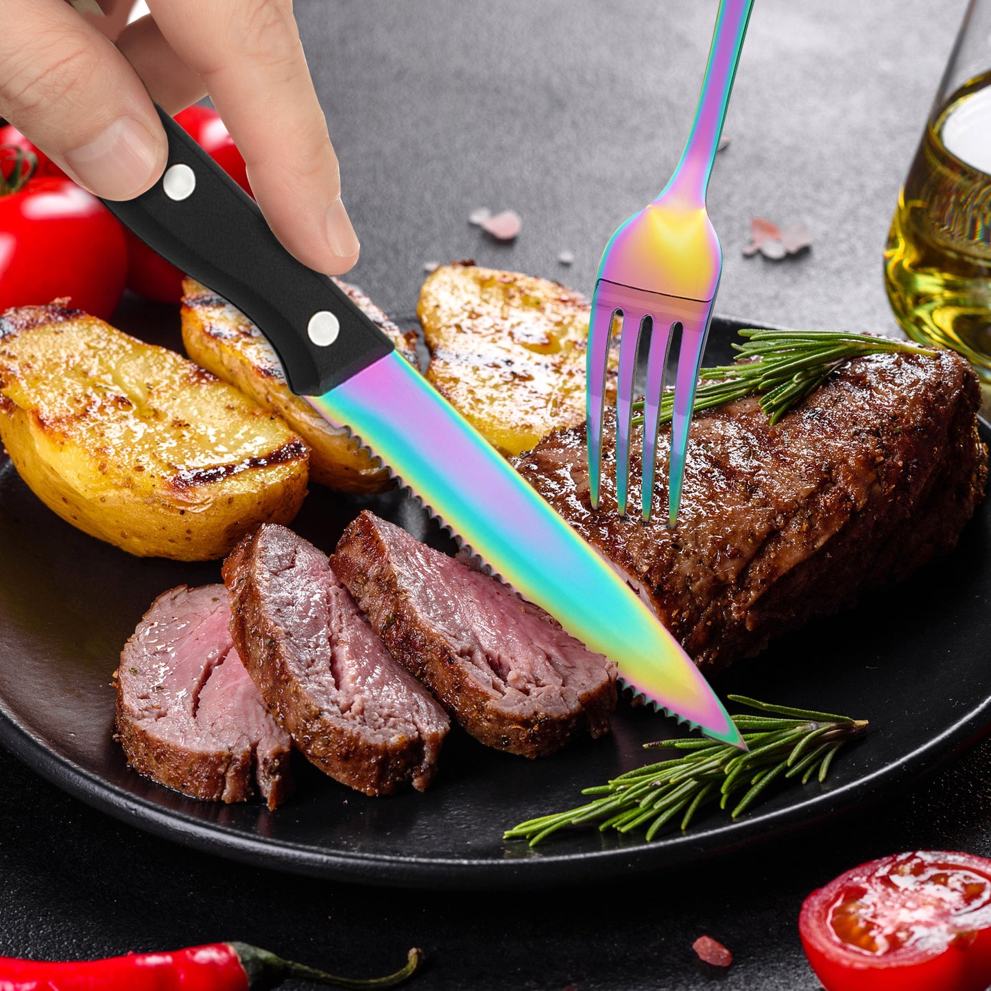 24PCS Modern Flatware Set, Stainless Steel Silverware Set with Steak Knife For 4, Rainbow Cutlery Set, Mirror Polished, Ideal for Home, Kitchen, Celebrations