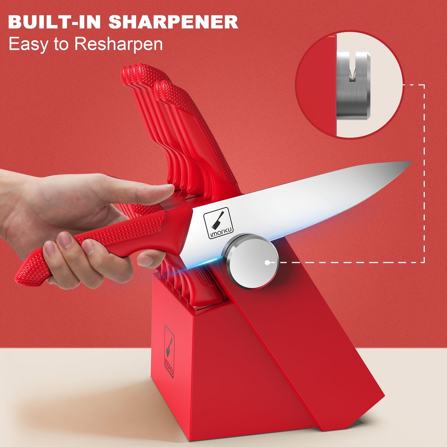 imarku Knife Set with Block, Sharp Knife Set with Built-in Sharpener, Japanese Stainless Steel Kitchen Knife Set with Non-Slip Ergonomic Handle, Dishwasher Safe, Best Holiday Gifts, Upgraded Red Knife Set, 14pcs