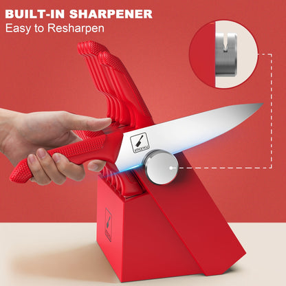 imarku Knife Set with Block, Sharp Knife Set with Built-in Sharpener, Japanese Stainless Steel Kitchen Knife Set with Non-Slip Ergonomic Handle, Dishwasher Safe, Best Holiday Gifts, Upgraded Red Knife Set, 14pcs