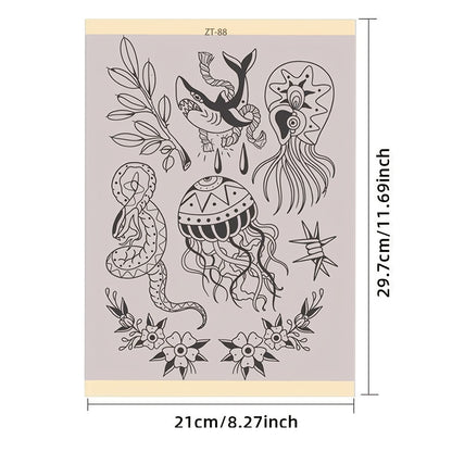 Tattoo Transfer Paper 3 Sheets – Pre-Drawn Stencils with Floral, Paisley, Spiderweb, Snake & Pizza Designs – A4 Size Body Art Stencil Kit for Beginners & Pros, No Electricity Needed