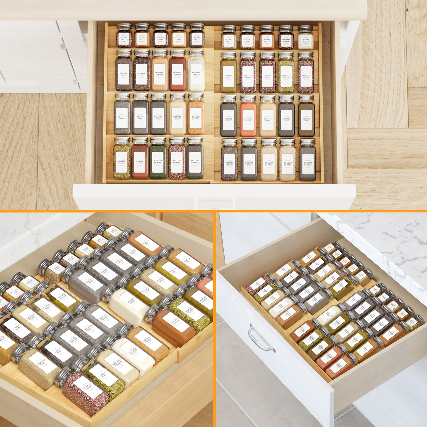 Expandable 4-Tier Bamboo Spice Drawer Organizer For Kitchen Cabinets, Fits Drawers 3" Deep, Adjustable Width 12" To 23", Space-Saving Seasoning Storage Tray (Jars Not Included)
