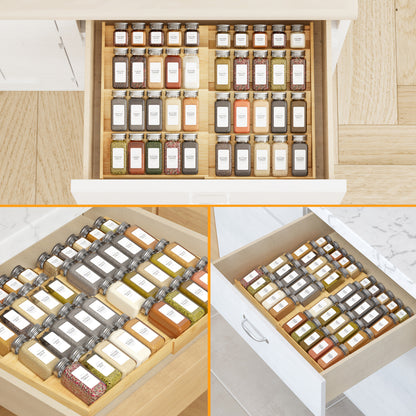 Expandable 4-Tier Bamboo Spice Drawer Organizer For Kitchen Cabinets, Fits Drawers 3" Deep, Adjustable Width 12" To 23", Space-Saving Seasoning Storage Tray (Jars Not Included)