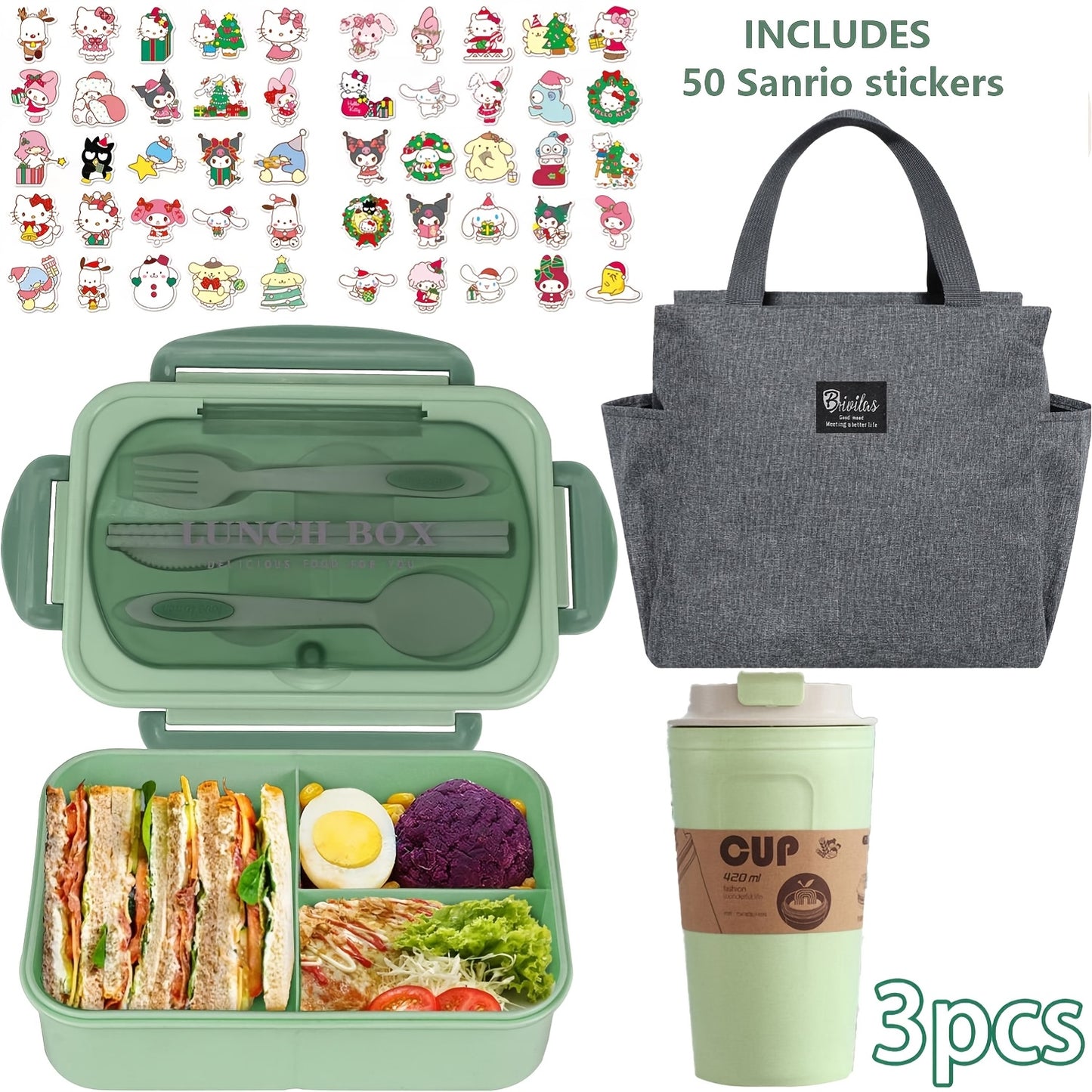 51pcs/53pcs Sanrio Lunch Box Set | Thermal Bag, Breakfast Cup, Portable Sealed Compartment Bento Box, 40.58Oz Capacity, Microwave And Dishwasher Safe, Ideal For Work, Picnics, And Back To School