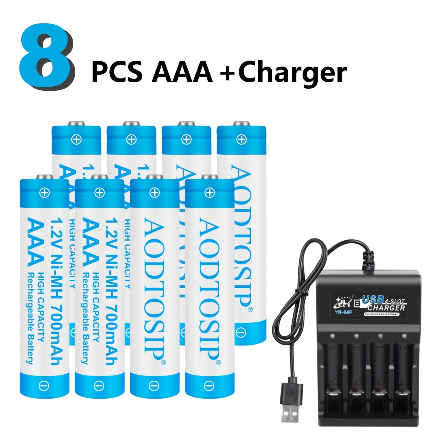 Rechargeable Batteries AA AAA with Charger 1.2V 700mAh Ni-MH Battery Pack No Memory Effect Up to 500 Cycles for Remote Control Flashlight Camping Light
