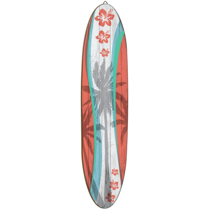 Wooden Surfboard Wall Art 15.74" – Rustic Tropical Beach Decor with Hibiscus & Tiki Mask Design, Frameless Recycled Wood Wall Hanging for Hawaiian Bar, Home, Summer & Vacation Theme Decor