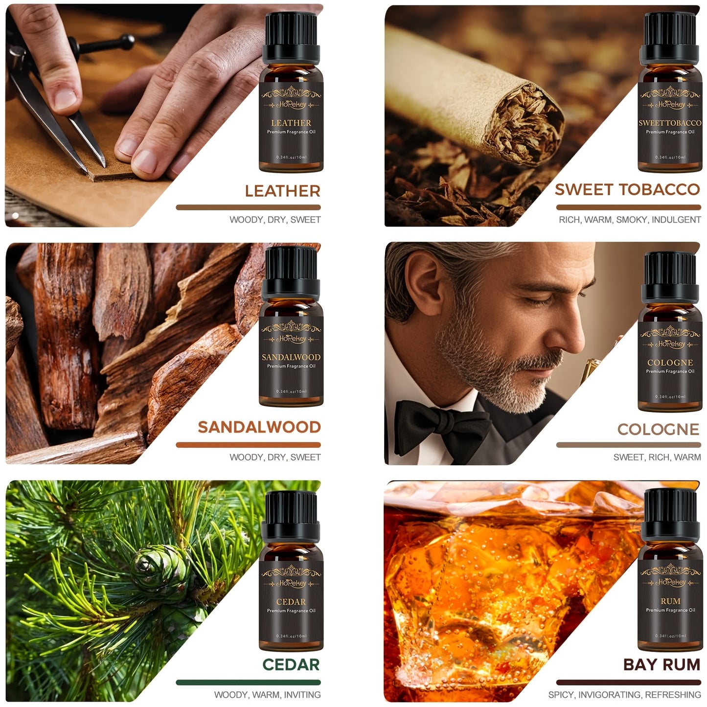 Hopekey Men'S Essential Oil Set Of 6, 0.34oz Each. Exude A Mature And Stable Charm Anytime. Can Be Used In Humidifiers, On Skin, As Massage Oil, Of Essential Oils, Built-in Oil For Diffusers, Valentine'S Day Gift.