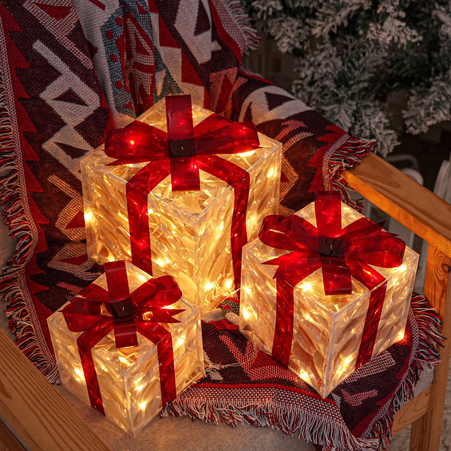 Christmas Light-Up Gift Boxes Set of 3 – USB & Battery LED Warm White Lighted Decorations with Timer, 8 Lighting Modes, Red Bow, Indoor Outdoor Holiday Home Decor