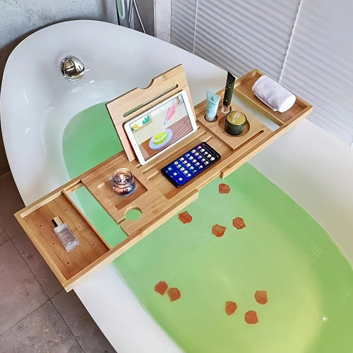 Expandable Wood Bath Caddy Tray - Adjustable Reading Rack, Retractable Bathtub Tray Rack, Space-Saving, Water-Resistant, Easy-to-Install Bathtub Accessories for Relaxing Bath Time