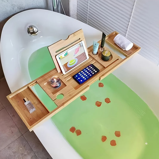 Expandable Wood Bath Caddy Tray - Adjustable Reading Rack, Retractable Bathtub Tray Rack, Space-Saving, Water-Resistant, Easy-to-Install Bathtub Accessories for Relaxing Bath Time