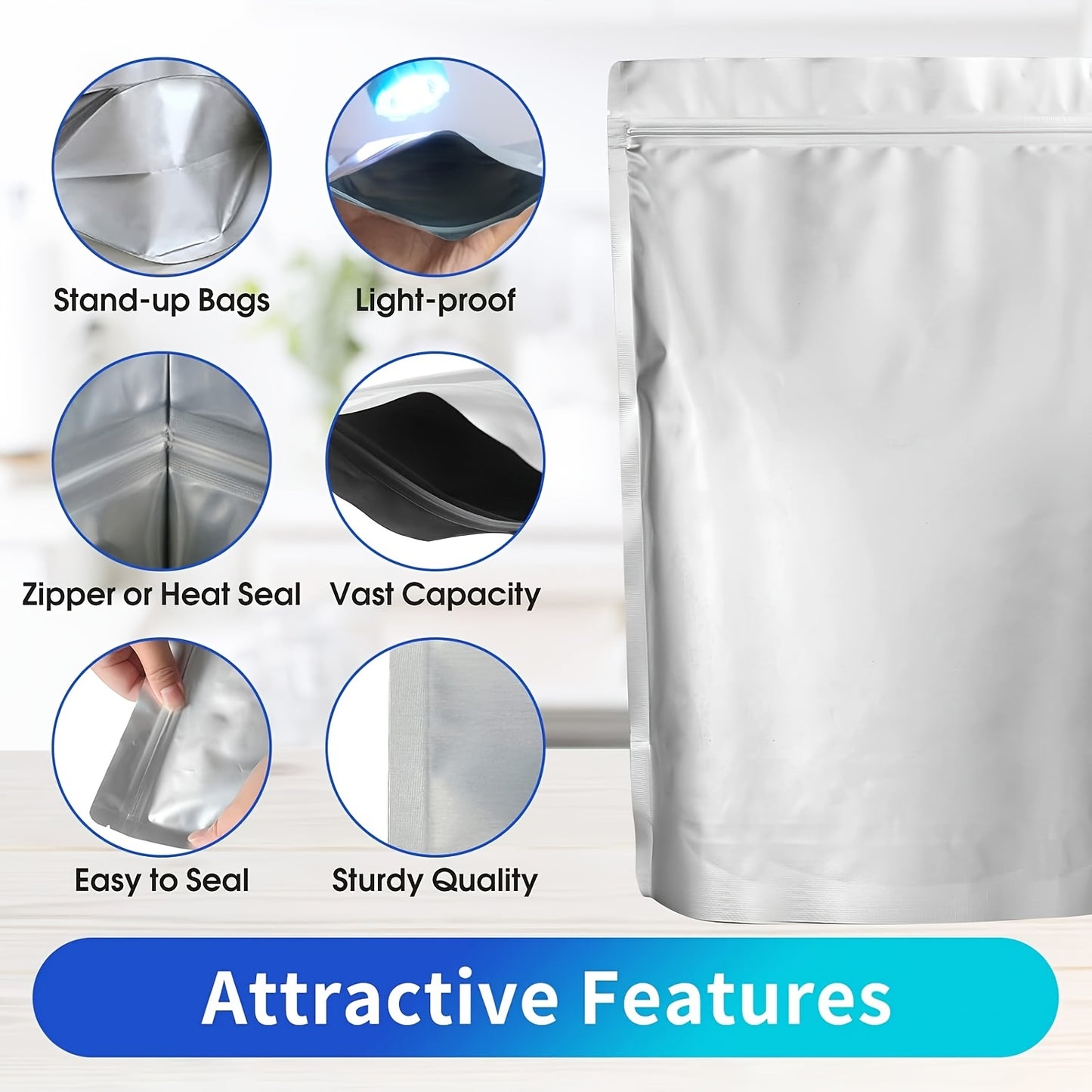 [Resealable Mylar Bags] 100 Resealable Mylar Bags For Food Storage - 10 Mil 1 Gallon (30pcs), 8 Mil 1 Quart (30pcs), 6 Mil 1/2 Pint (40pcs), Stand Up