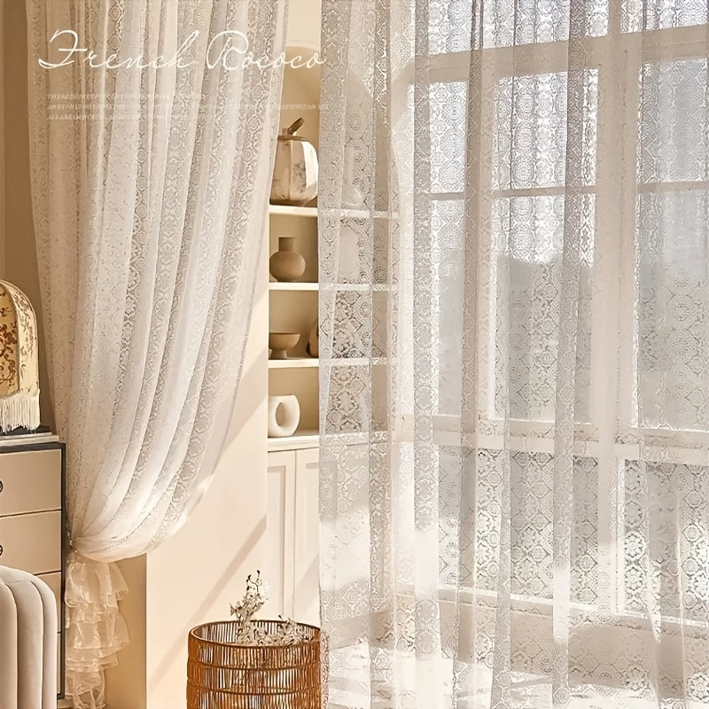 1pc of French Retro Romantic White Lace Embroidered Mesh Chiffon Curtain - Top Pole Through Living Room Decoration Partition Curtain, Bedroom Window Finished Chiffon Window
