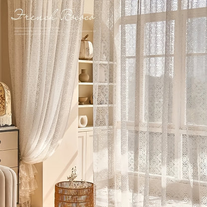 1pc of French Retro Romantic White Lace Embroidered Mesh Chiffon Curtain - Top Pole Through Living Room Decoration Partition Curtain, Bedroom Window Finished Chiffon Window