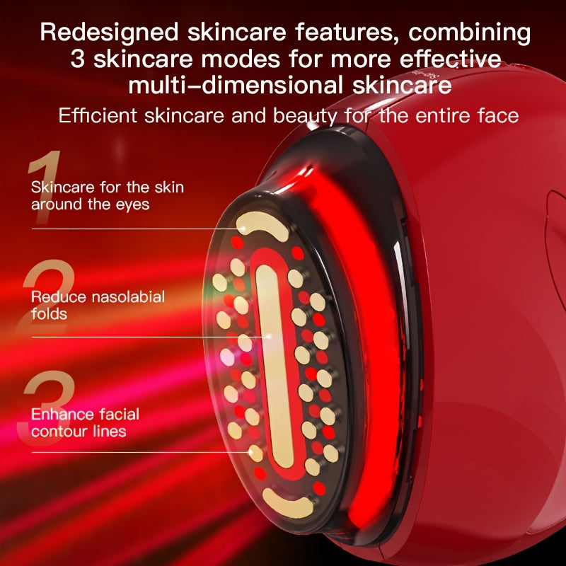 Red Handheld Beauty Device with 3 Skincare Modes, Multifunctional USB Rechargeable Facial Care Tool, Ergonomic Design, Color Light Relax for Home Use, Light Beige Care Additions
